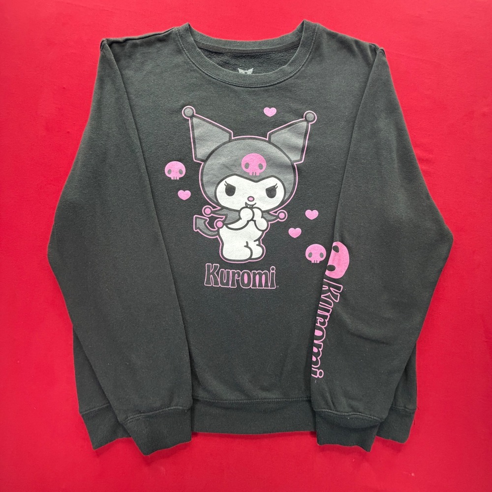 Sanrio Kuromi Graphic Sweatshirt Mens Black Pink Skulls Crewneck Pullover Y2K